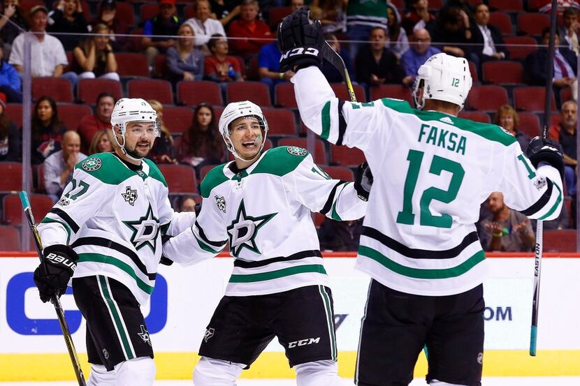 Dallas Stars center Radek Faksa (12) celebrates his goal against the Arizona Coyotes with...