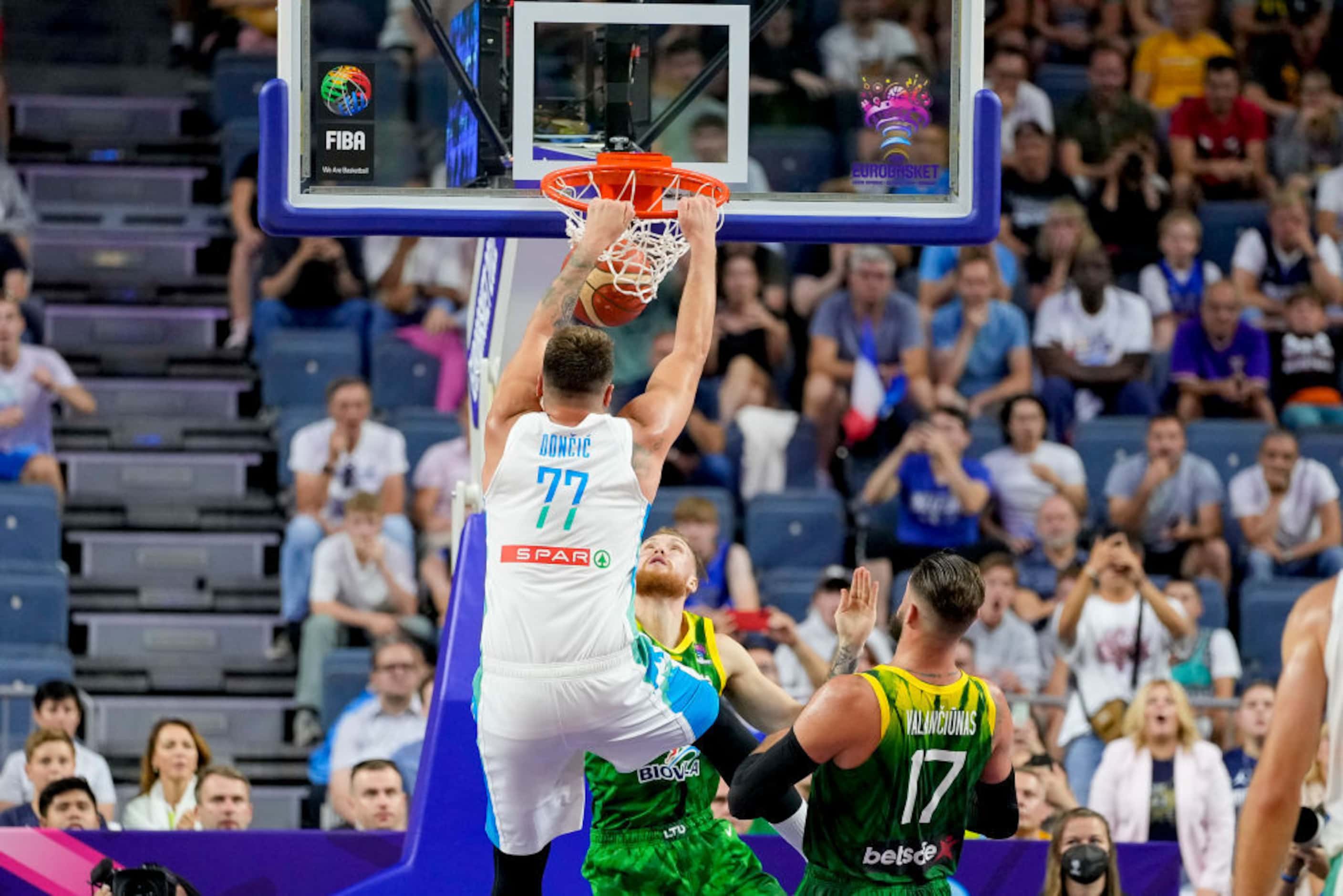 COLOGNE, GERMANY - SEPTEMBER 01: Luka Doncic of Slovenia points during the FIBA EuroBasket...