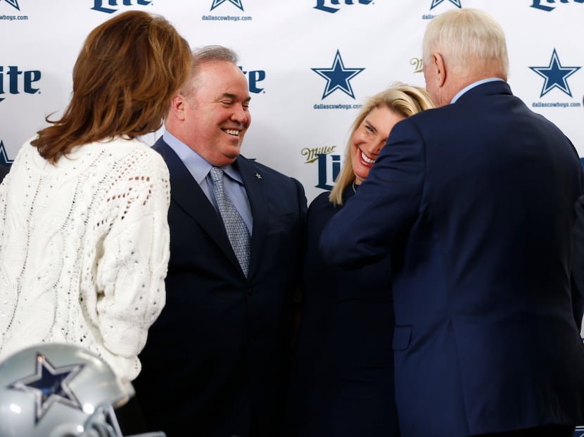 Dallas Cowboys owner and general manager Jerry Jones (right) laughs with Dallas Cowboys new...