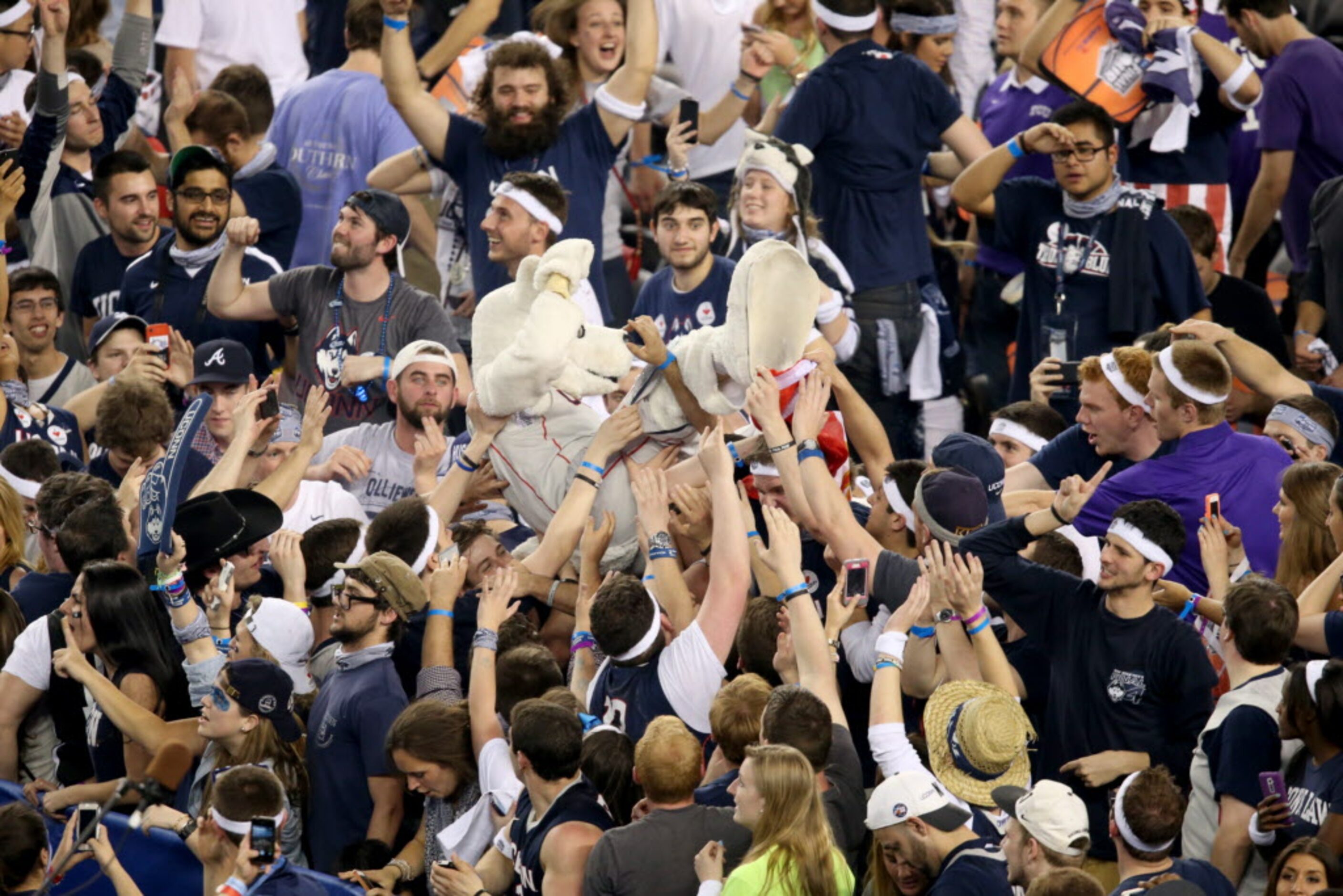 The Connecticut Huskies mascot is lifted through the student section during the team...