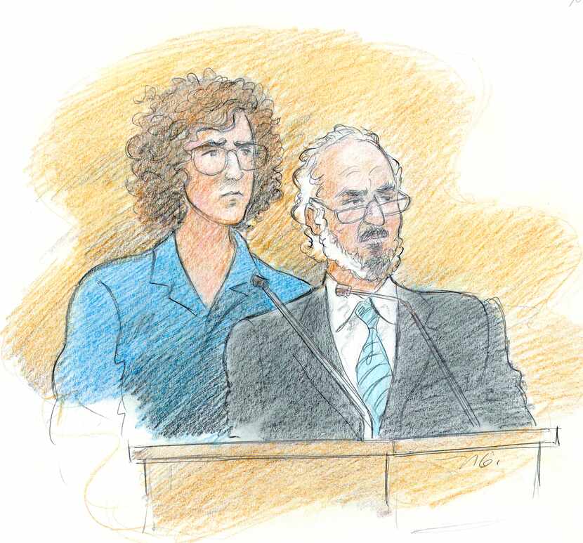 Courtroom sketch of Patrick Crusius, left, and defense attorney Joe Spencer, as they...