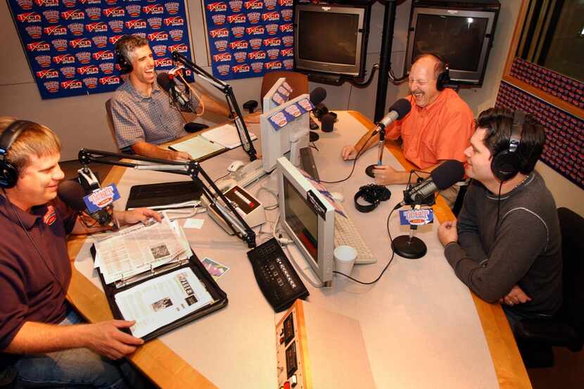 KTCK-AM sports radio talks show hosts (from left to right) George Dunham, Craig Miller, Norm...