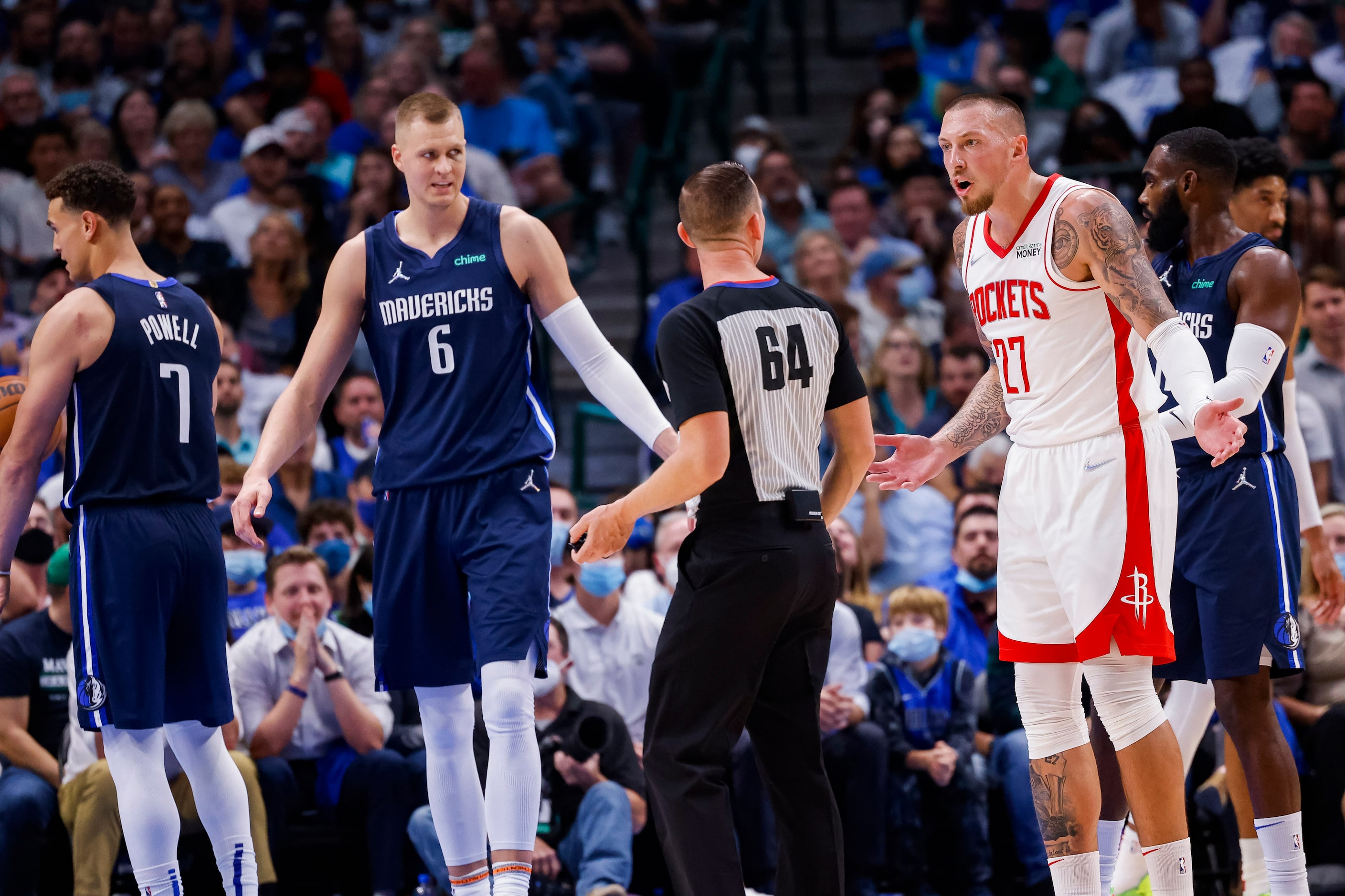 Houston Rockets center Daniel Theis (27) argues a call during the second quarter of the...