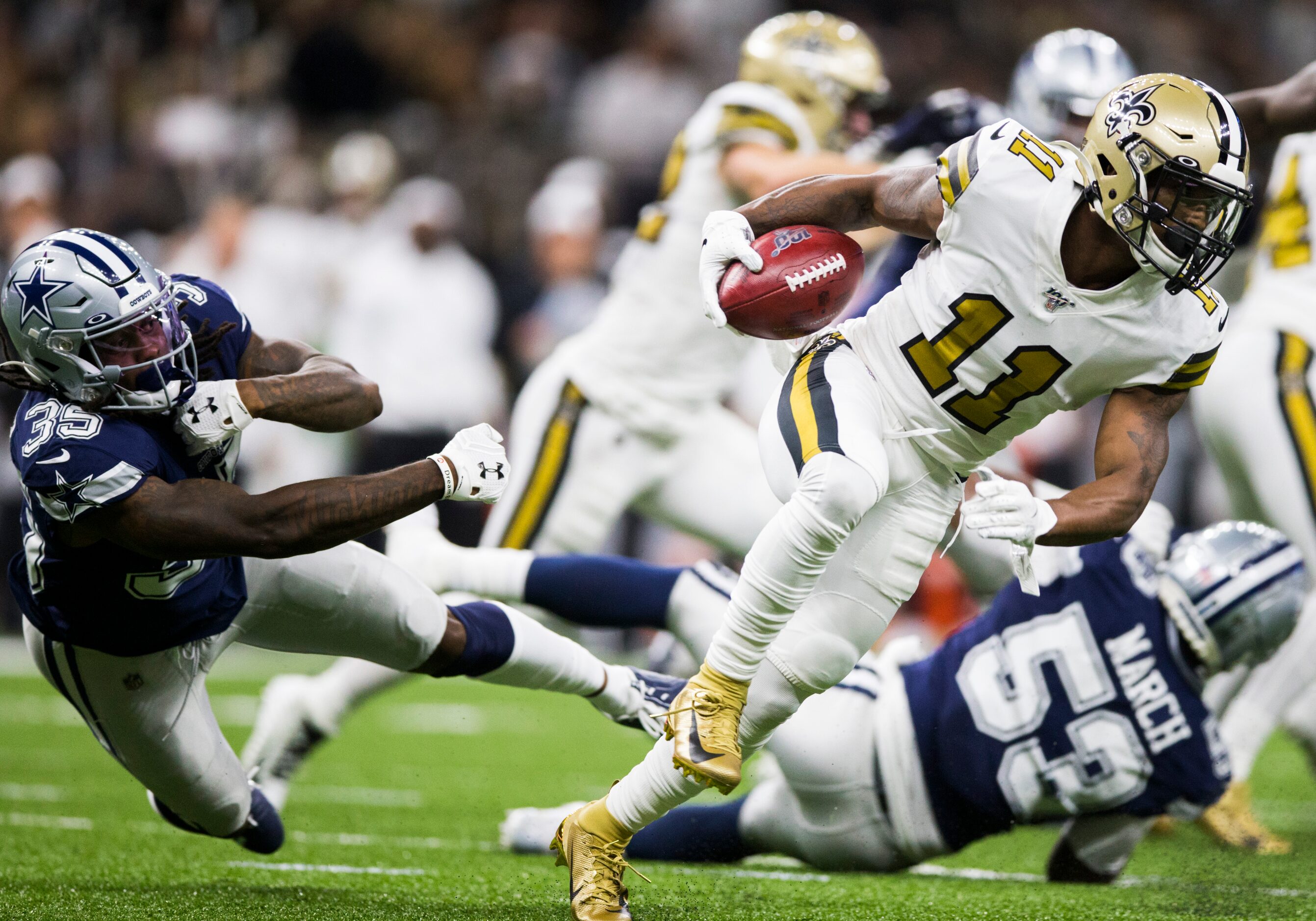 Dallas Cowboys free safety Kavon Frazier (35) narrowly misses New Orleans Saints wide...