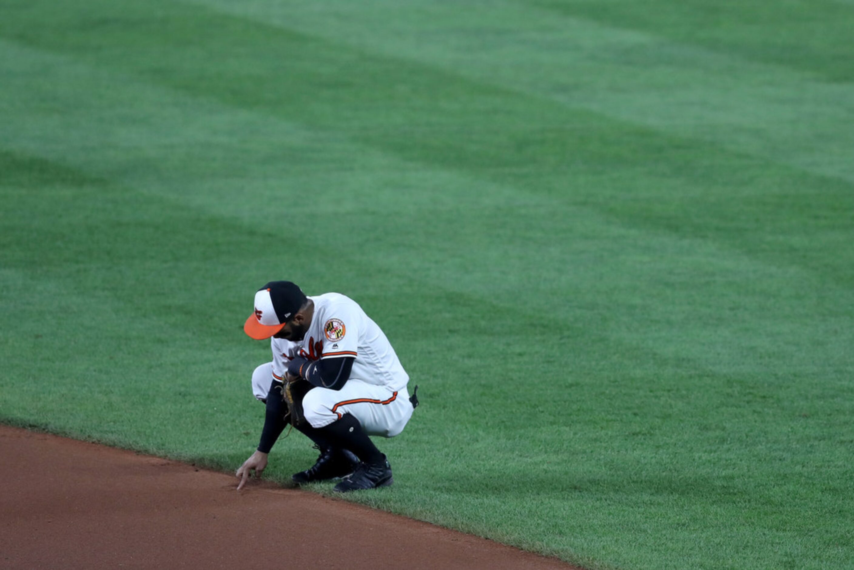 BALTIMORE, MARYLAND - SEPTEMBER 05: Jonathan Villar #2 of the Baltimore Orioles looks on...