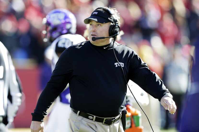 TCU head coach Gary Patterson looks on during the first half of an NCAA college football...