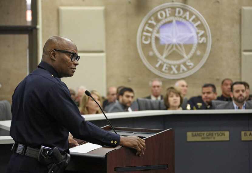 Dallas Police Chief David Brown makes a presentation before the Public Safety Committee at...