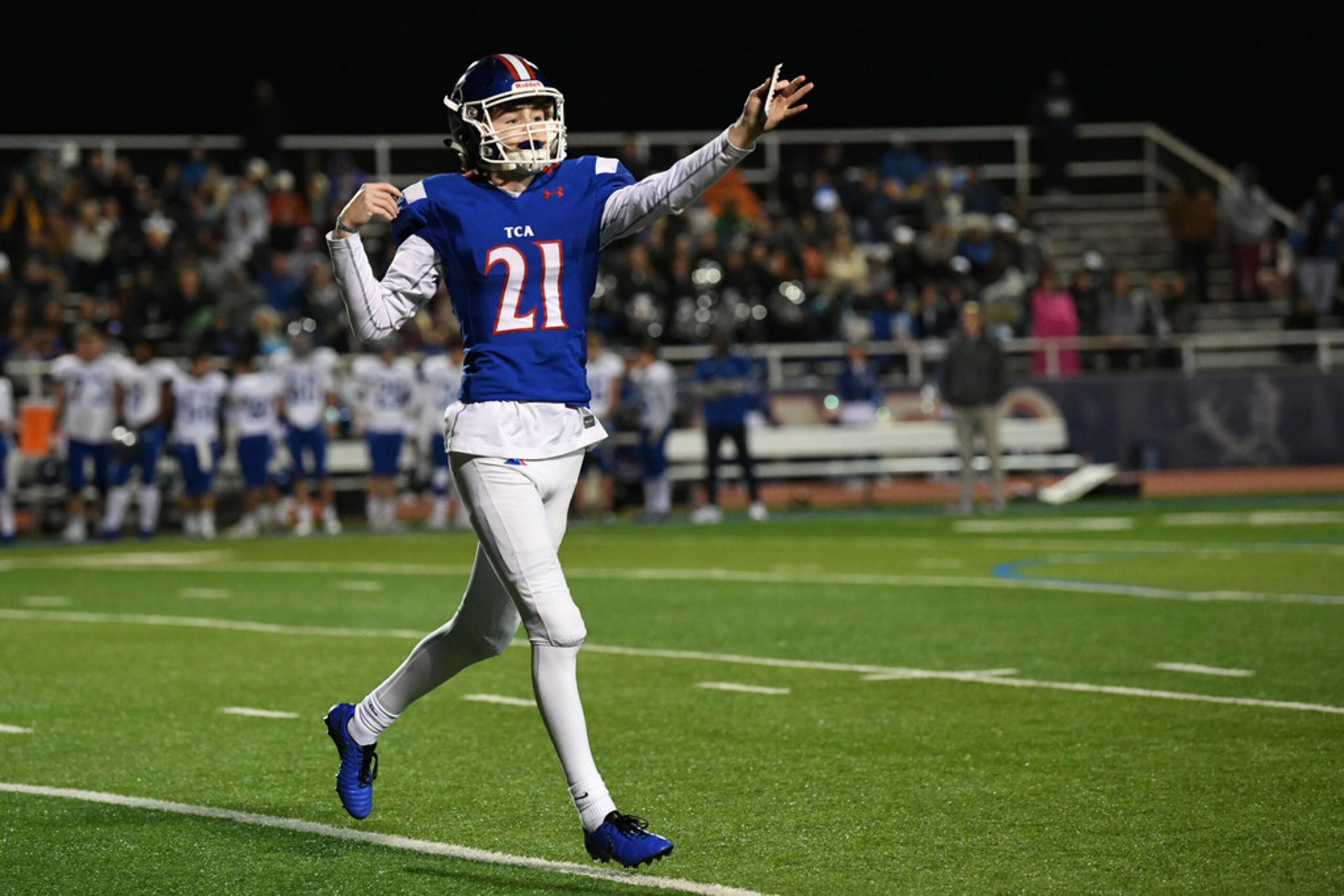 TCA-Addison sophomore kicker Connor Wines (21) celebrates after making his second field goal...