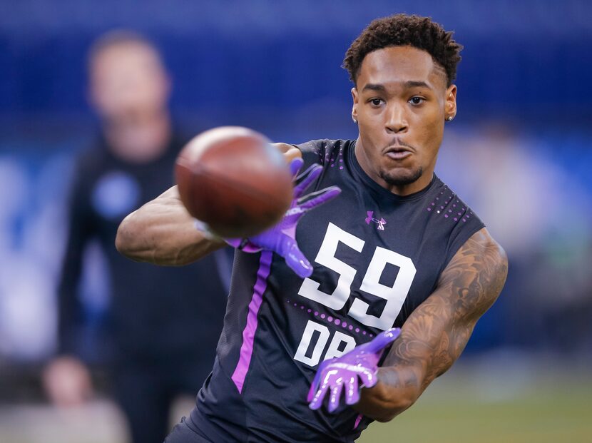 INDIANAPOLIS, IN - MARCH 05: San Diego State defensive back Kam Kelly catches a pass during...