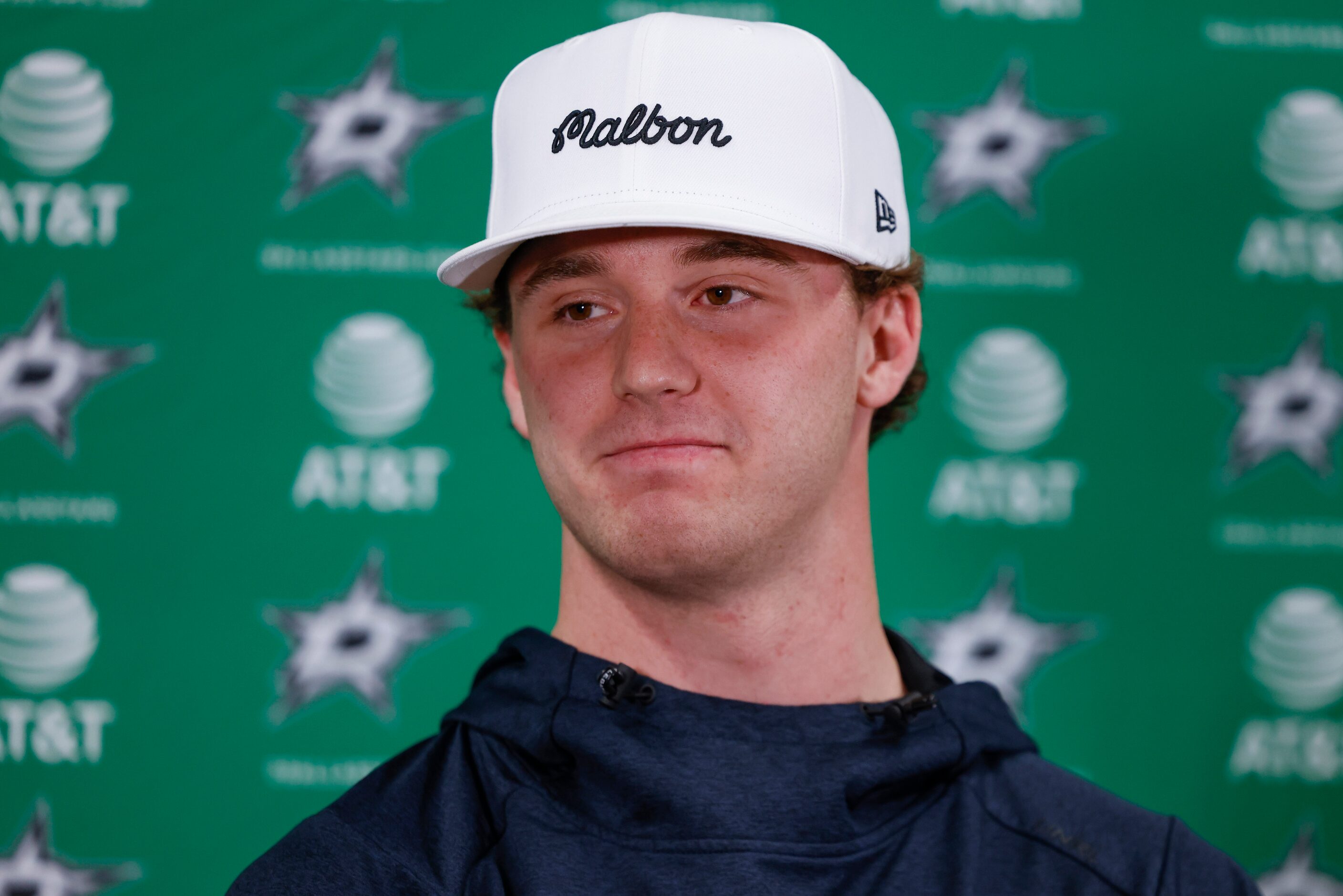 Dallas Stars goaltender Jake Oettinger speaks during Dallas Stars season wrap news...