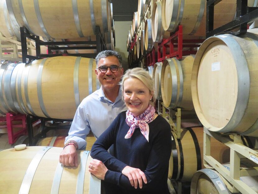 Joe and Margaret Valenzuela check out some of Rubia's wine aging in barrels at their...