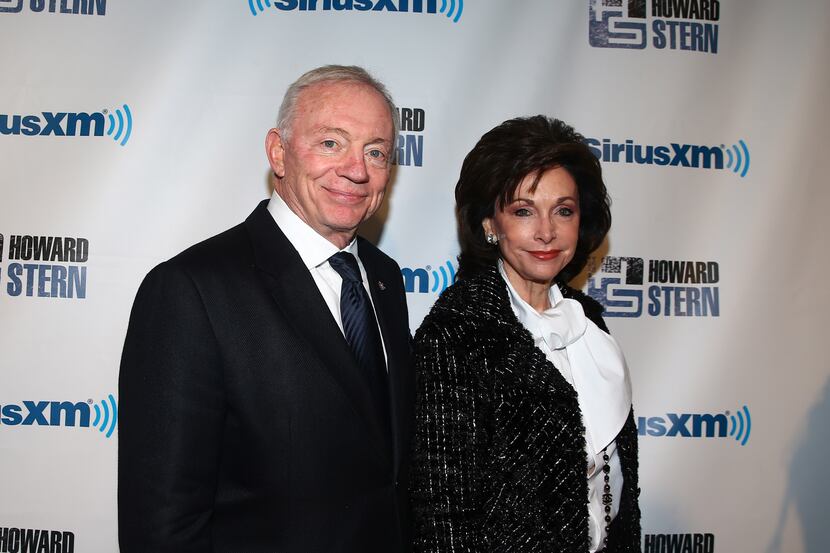 Jan 31, 2014; New York, NY, USA; Dallas Cowboys owner Jerry Jones and wife Gene Jones walk...