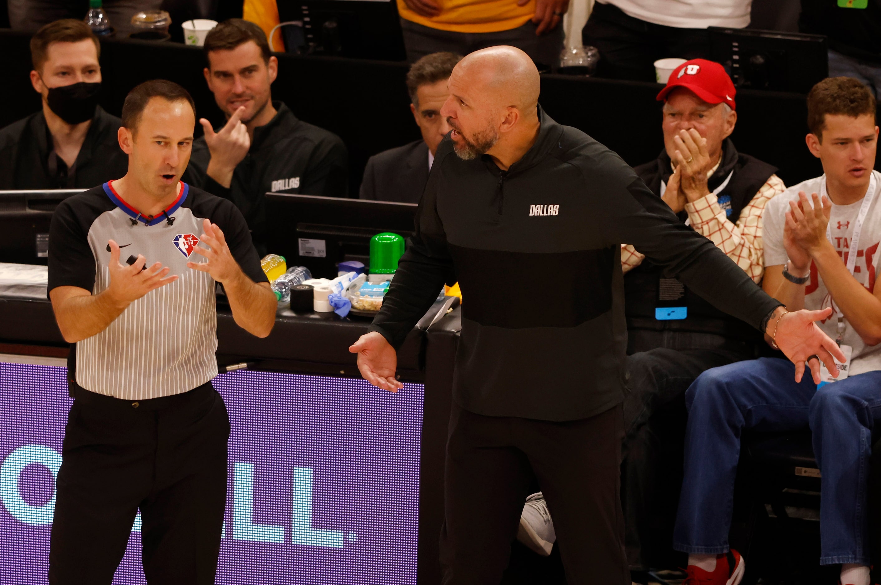 Dallas Mavericks head coach Jason Kidd talks with a referee during the third quarter of game...