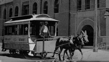 A mule-drawn streetcar in Dallas. Photo undated, from the 1870s.