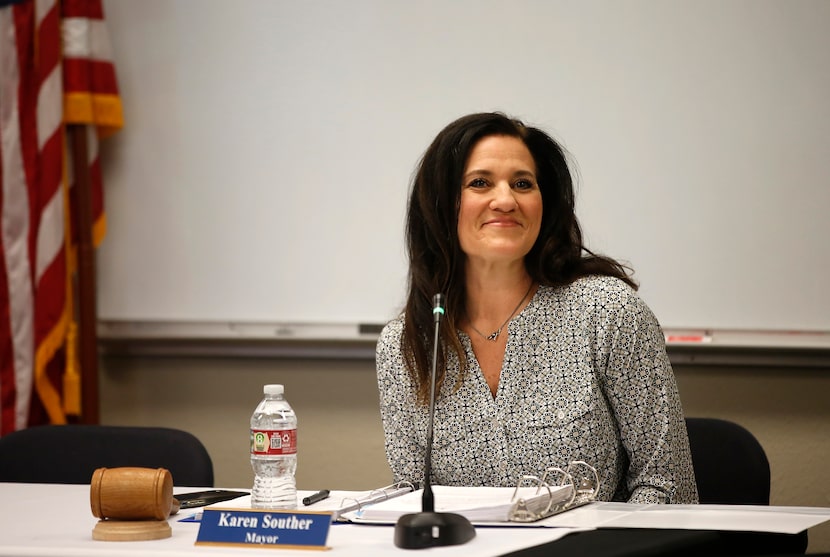 Gunter Mayor Karen Souther during a town hall meeting in Gunter, Texas, Thursday evening,...