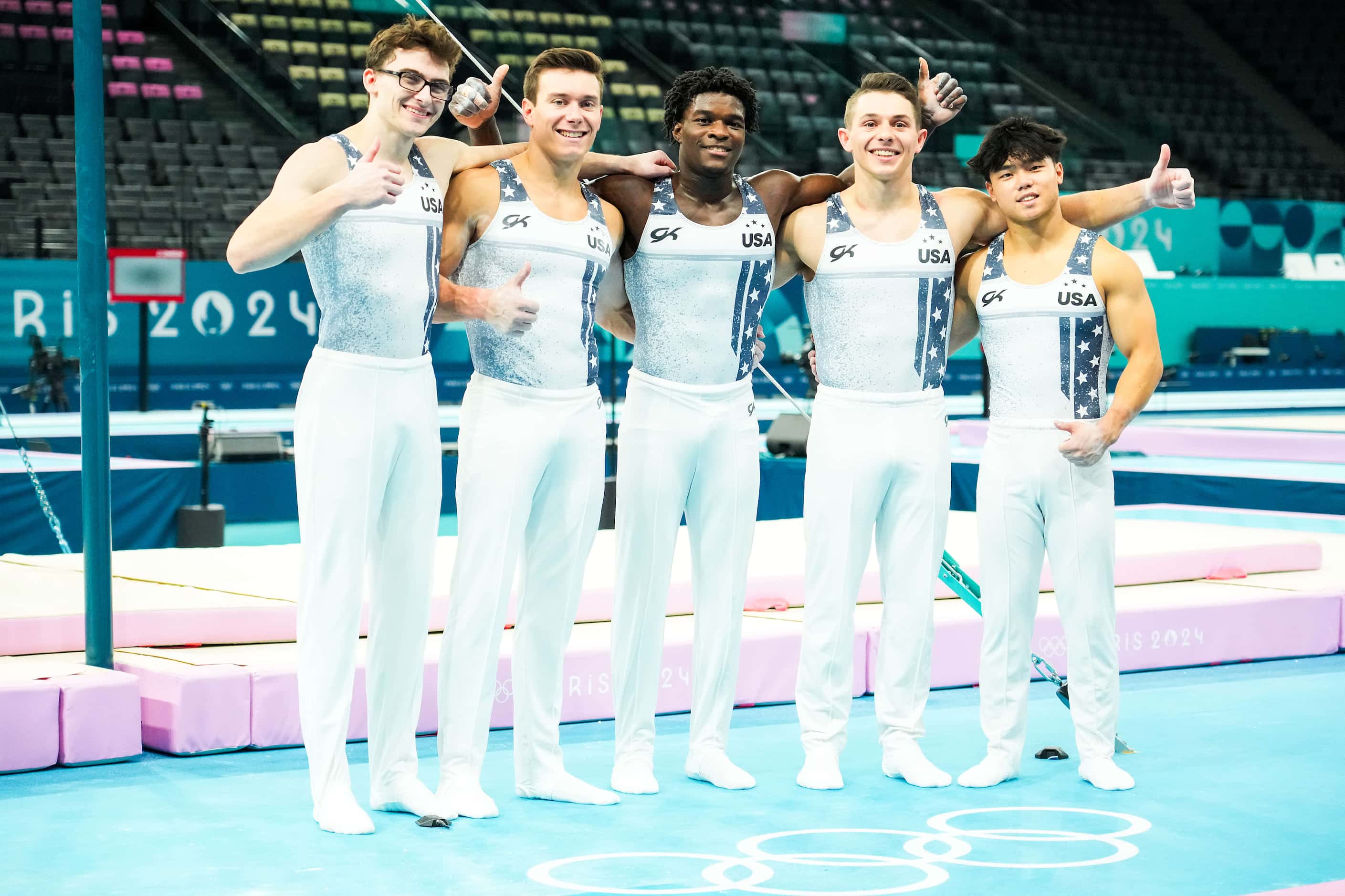 The United States men’s gymnastics team, from left, Stephen Nedoroscik, Brody Malone,...