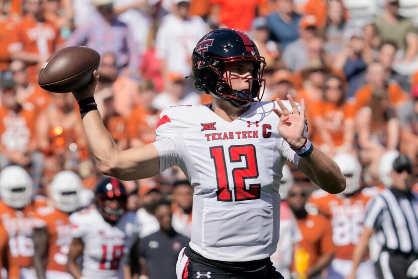 FILE - Texas Tech quarterback Tyler Shough (12) throws a pass during the first half of an...
