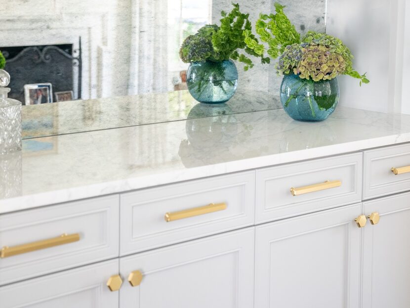 gray cabinets with gold hardware