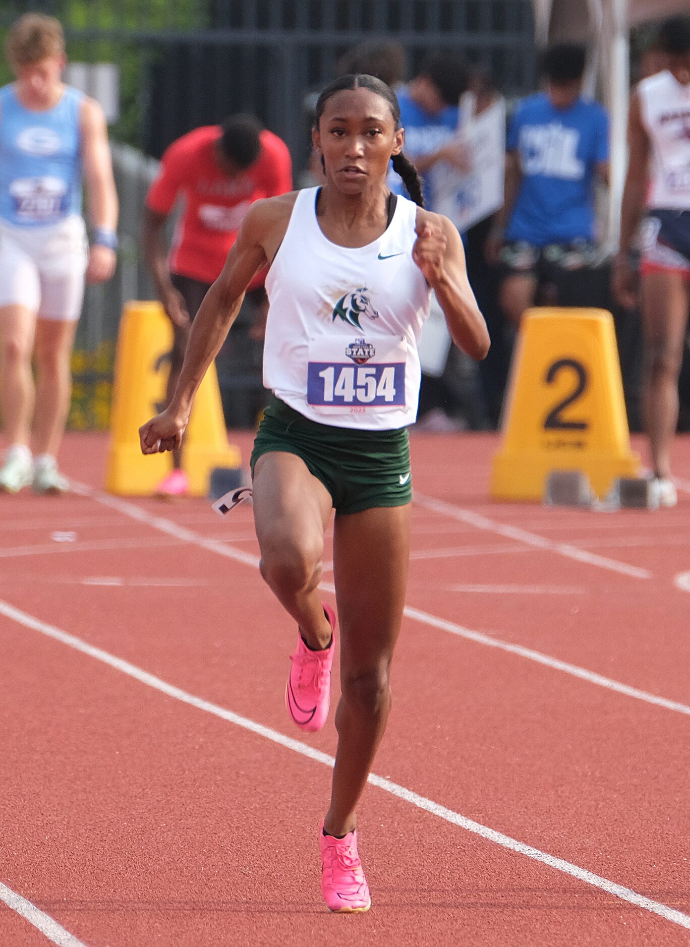 Laila Hackett of Frisco Lebanon competes in the Girls 100 M dash at the UIL State track...