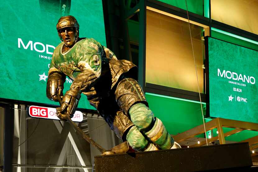Dallas Stars legend Mike Modano’s statue is unveiled at the American Airlines Center,...