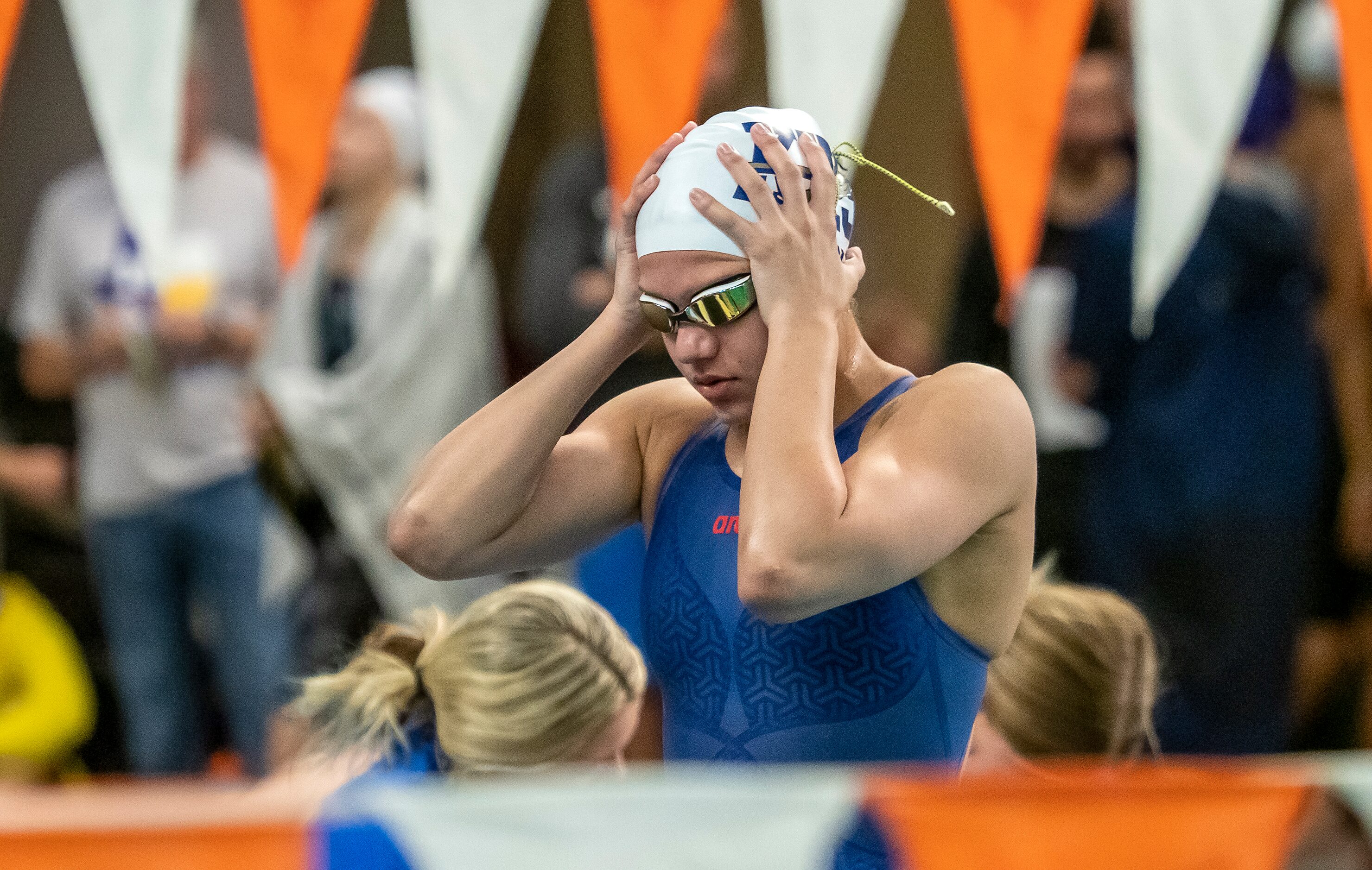 Keller’s Avery Collins, prepares to compete in the 200 IM during the 2023 UIL Swim & Dive...