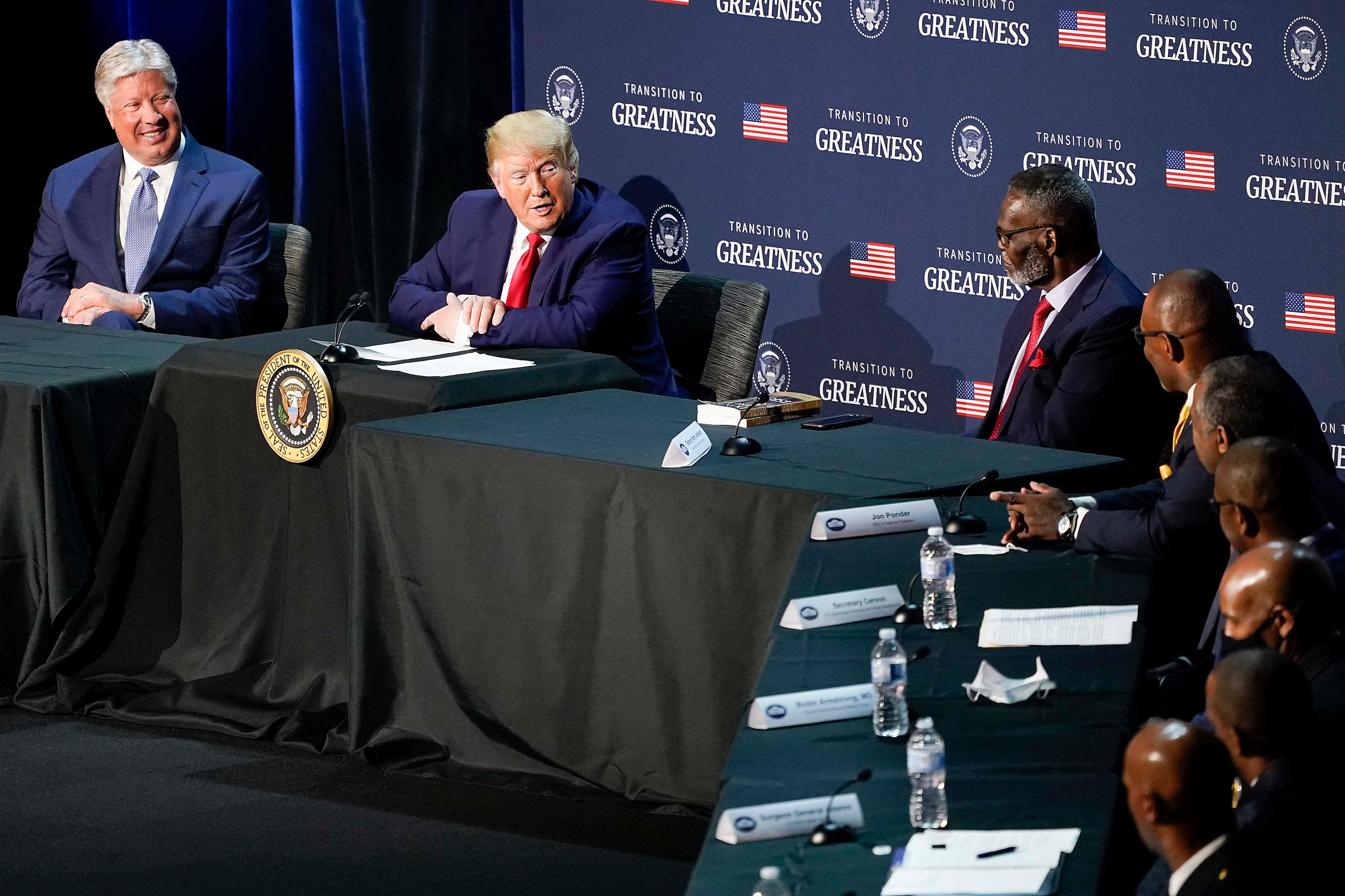 President Donald Trump participates in a roundtable conversation about race relations and...