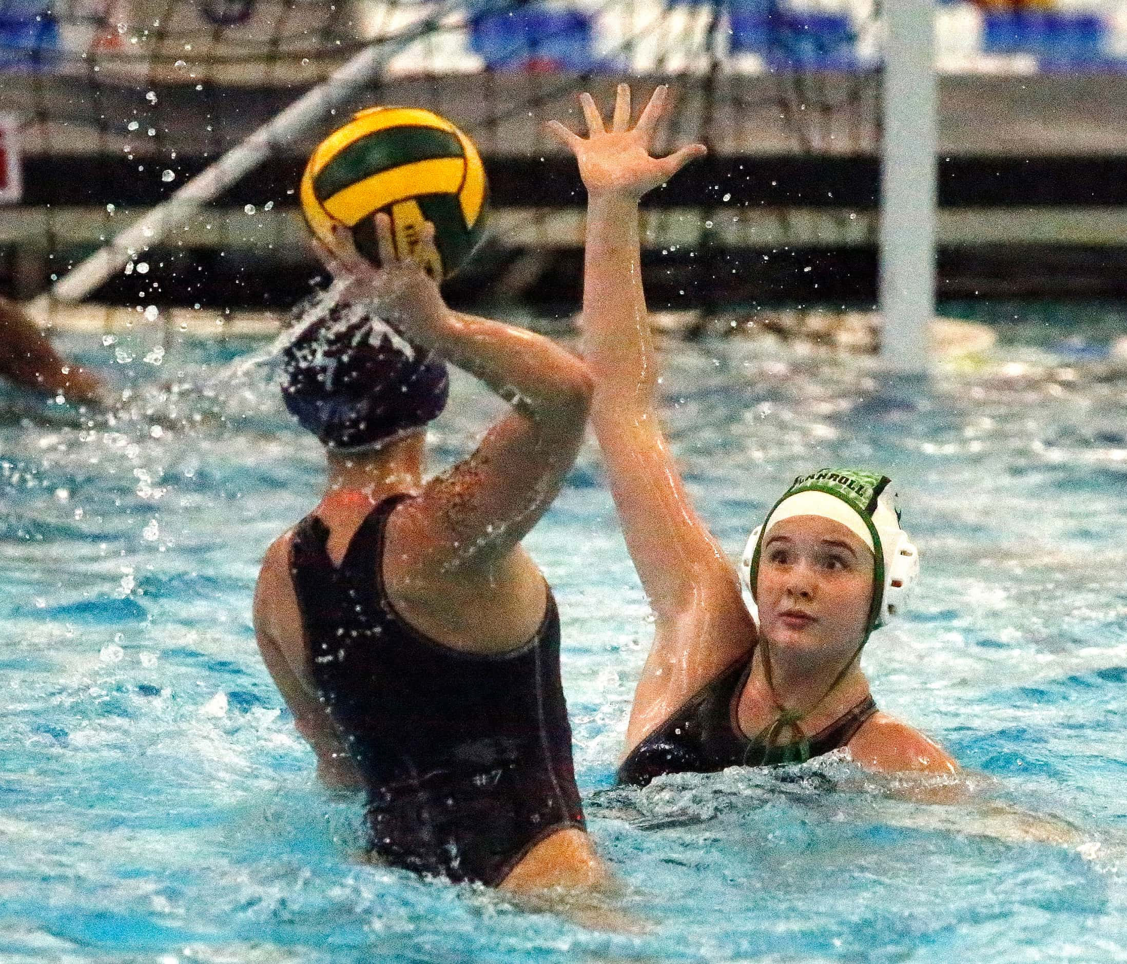 Flower Mound’s Gwyneth Le (7) looks to take a shot as she is defended by Southlake’s Kamdyn...