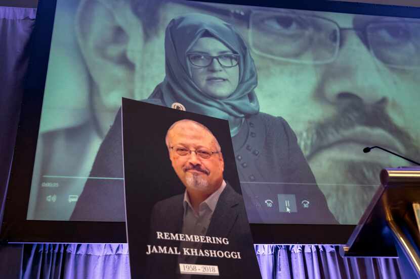 A video image of Hatice Cengiz, fiancee of slain Saudi journalist Jamal Khashoggi, was...