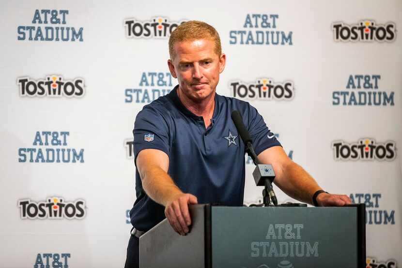 Dallas Cowboys head coach Jason Garrett addresses the media after a loss to the Arizona...