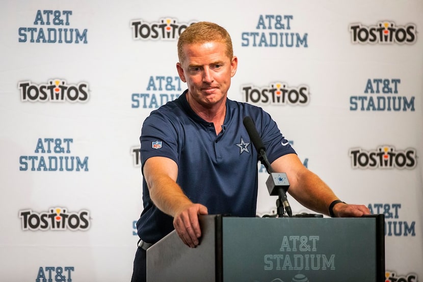 Dallas Cowboys head coach Jason Garrett addresses the media after a loss to the Arizona...