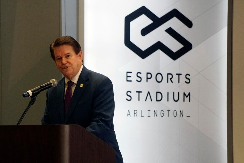 Arlington Mayor Jeff Williams speaks at the grand opening of the new Esports Stadium...