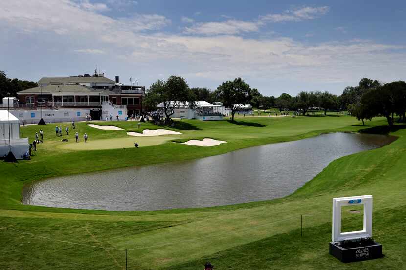 A view of the No. 18 green and clubhouse during the Charles Schwab Challenge at Colonial...