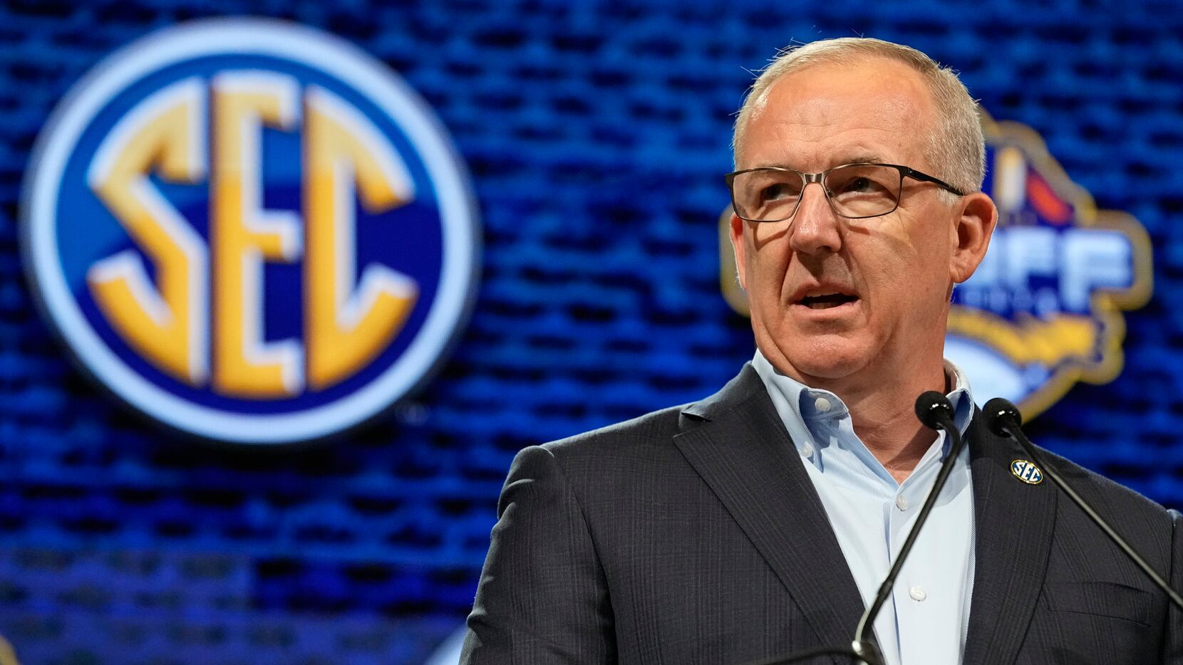 SEC Commissioner Greg Sankey speaks during the NCAA college football Southeastern Conference...