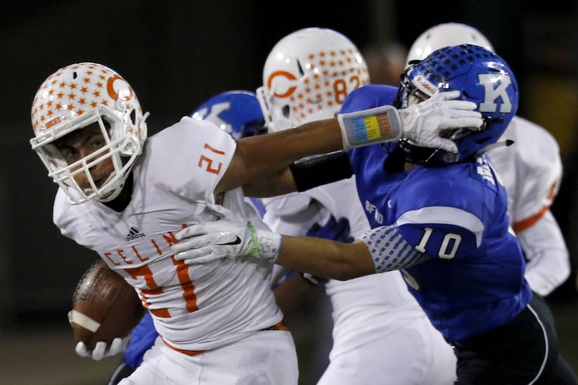 Celina's Ismael Ortiz pushes Krum's Christian Martinez back in the 4th quarter as Celina...