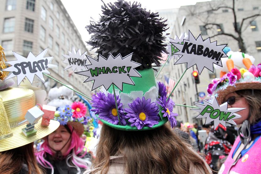 Marije Klep, center, chats with others along New York's Fifth Avenue as they take part in...