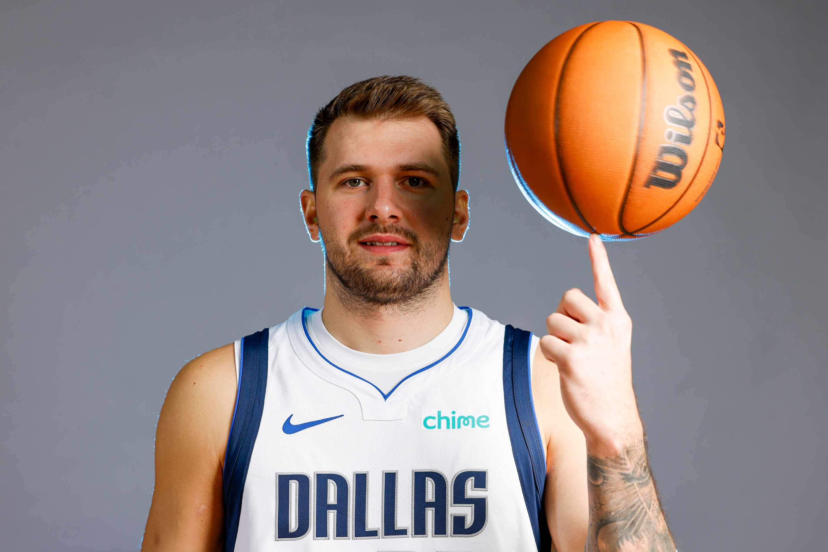 Dallas Mavericks point guard Luka Doncic poses for a photo during the media day on Friday,...