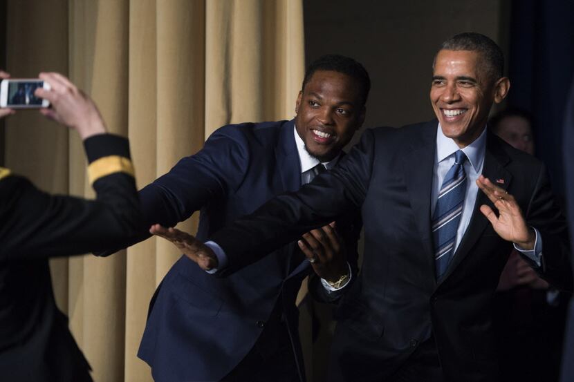 WASHINGTON, DC - FEBRUARY 04: U.S. President Barack Obama strikes the Heisman pose with...