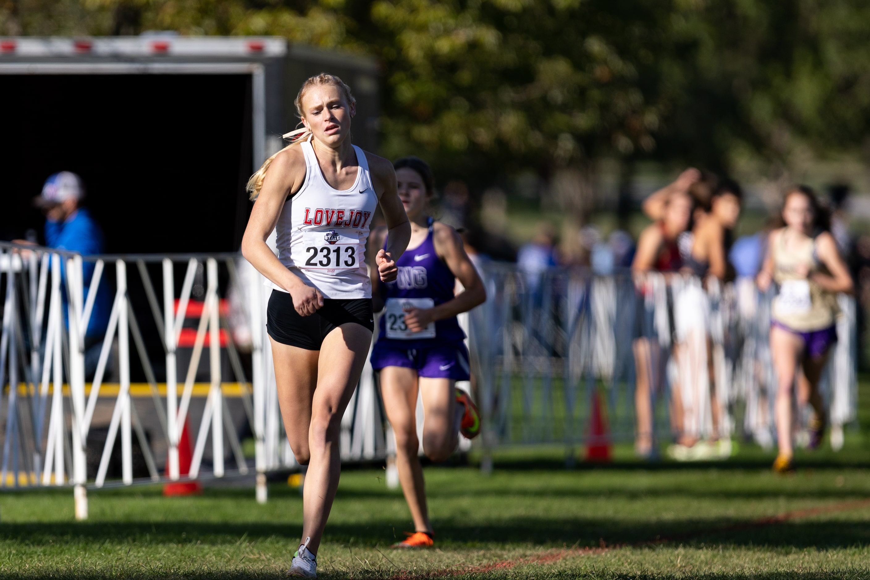 Kailey Littlefield of the Lovejoy Leopards runs in the 5A girls’ 3200m race during the UIL...