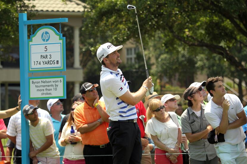 PGA pro Keegan Bradley tees off on number 5 during Second Round at the HP Byron Nelson at...