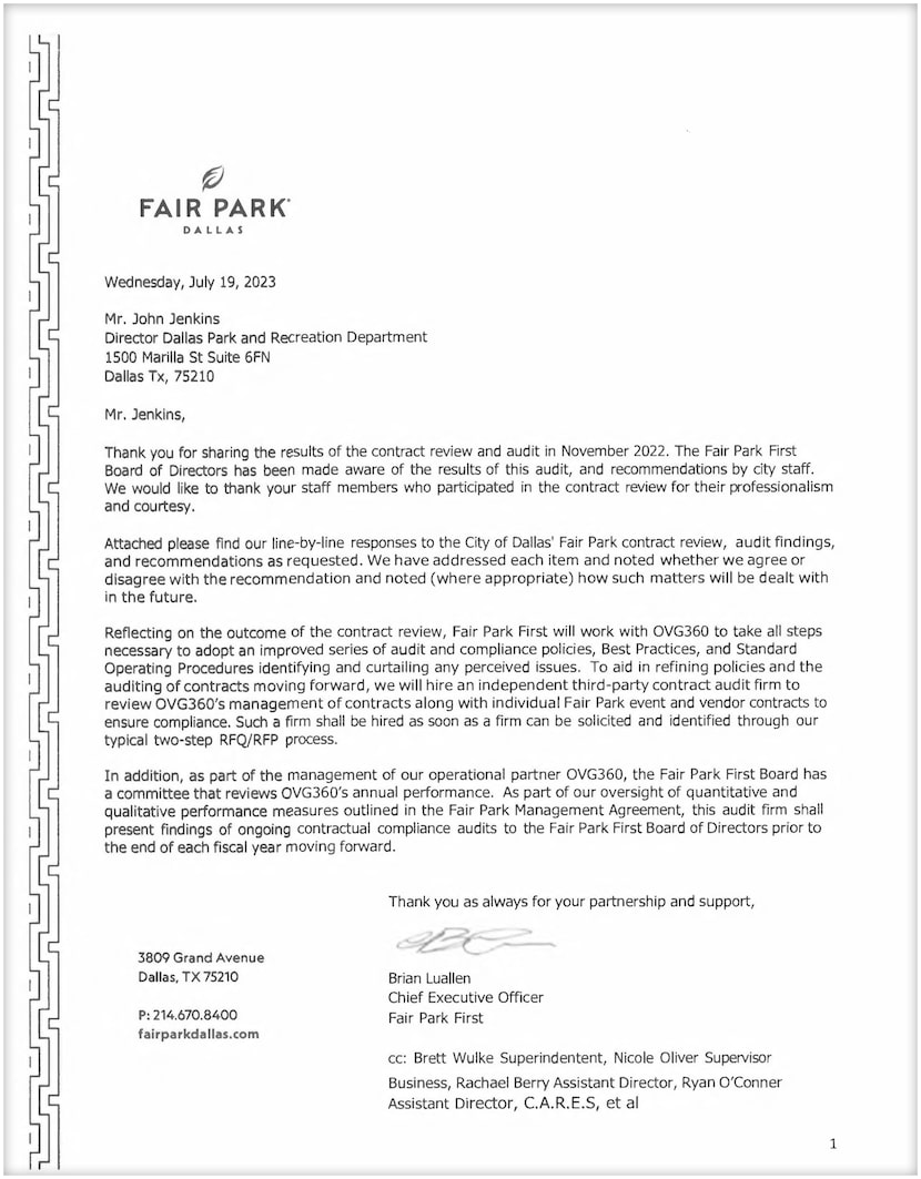 In response to the 2022 audit, Fair Park First and OVG360 agreed to adopt improved audit and...