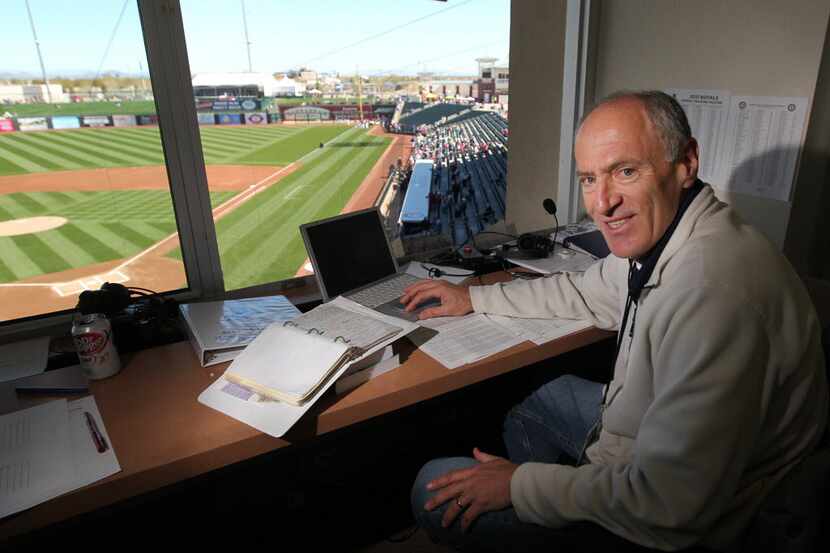 Texas Rangers radio announcer Eric Nadel prepares to broadcast a Spring training game...