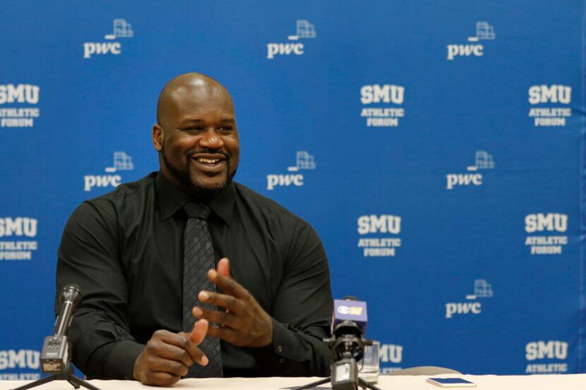 Shaquille O'Neal speaks in a Q&A with the media at a Southern Methodist University Forum and...