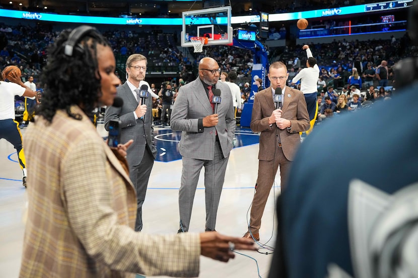 Dallas Mavericks broadcasters (from left) Jeff Wade, Derek Harper and Mark Followill do...