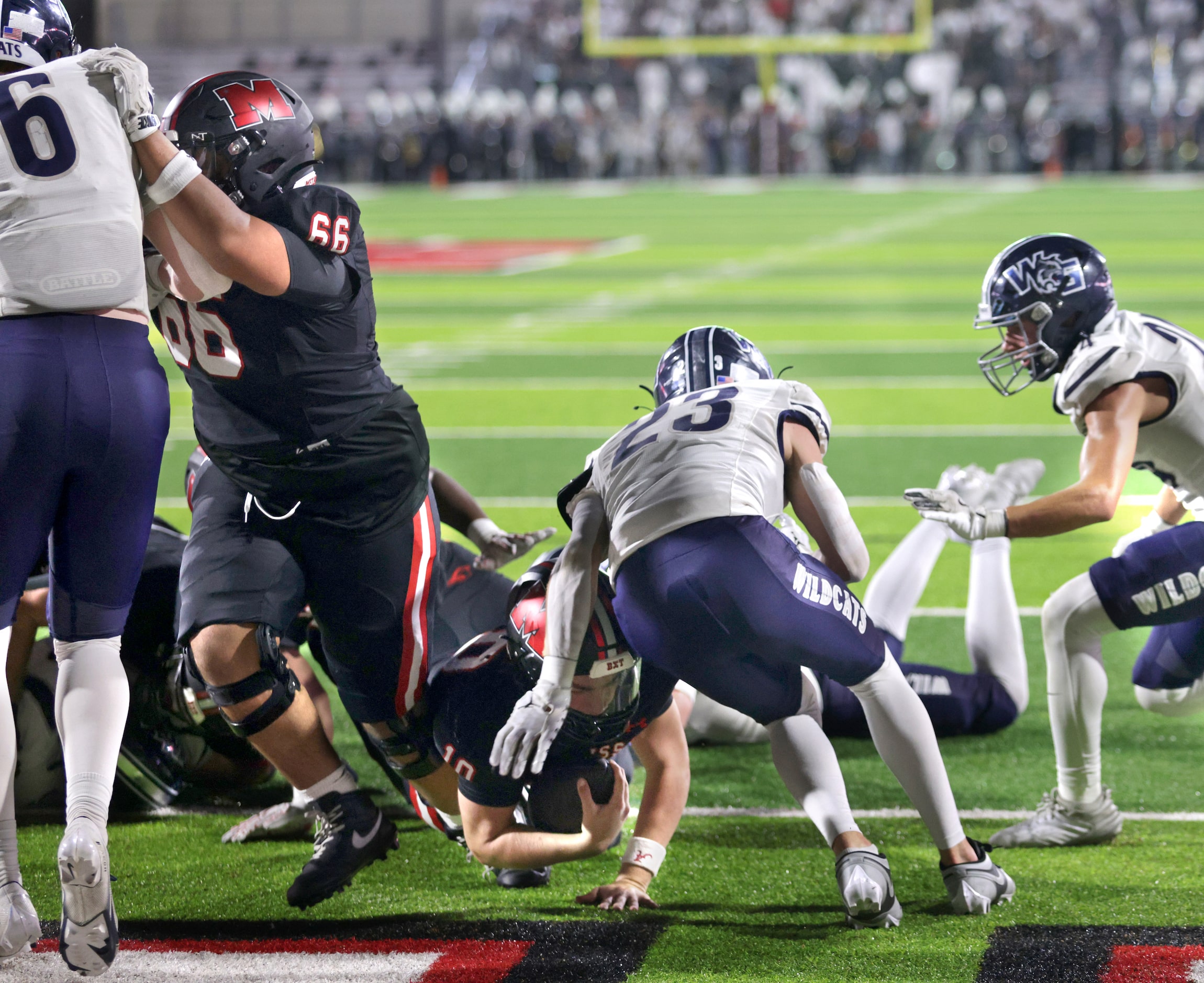 Melissa player #10 Noah Schuback dives for a touchdown during the Prosper Walnut Grove High...