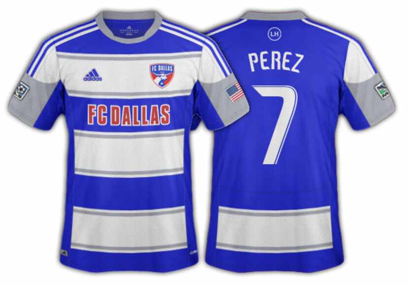 2012-14 FC Dallas blue and white hoops with grey accents secondary.
