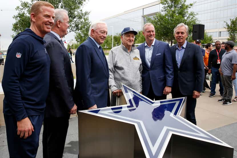 Cowboys Executive VP Stephen Jones, front Head Coach Jason Garrett, Owner Jerry Jones,...