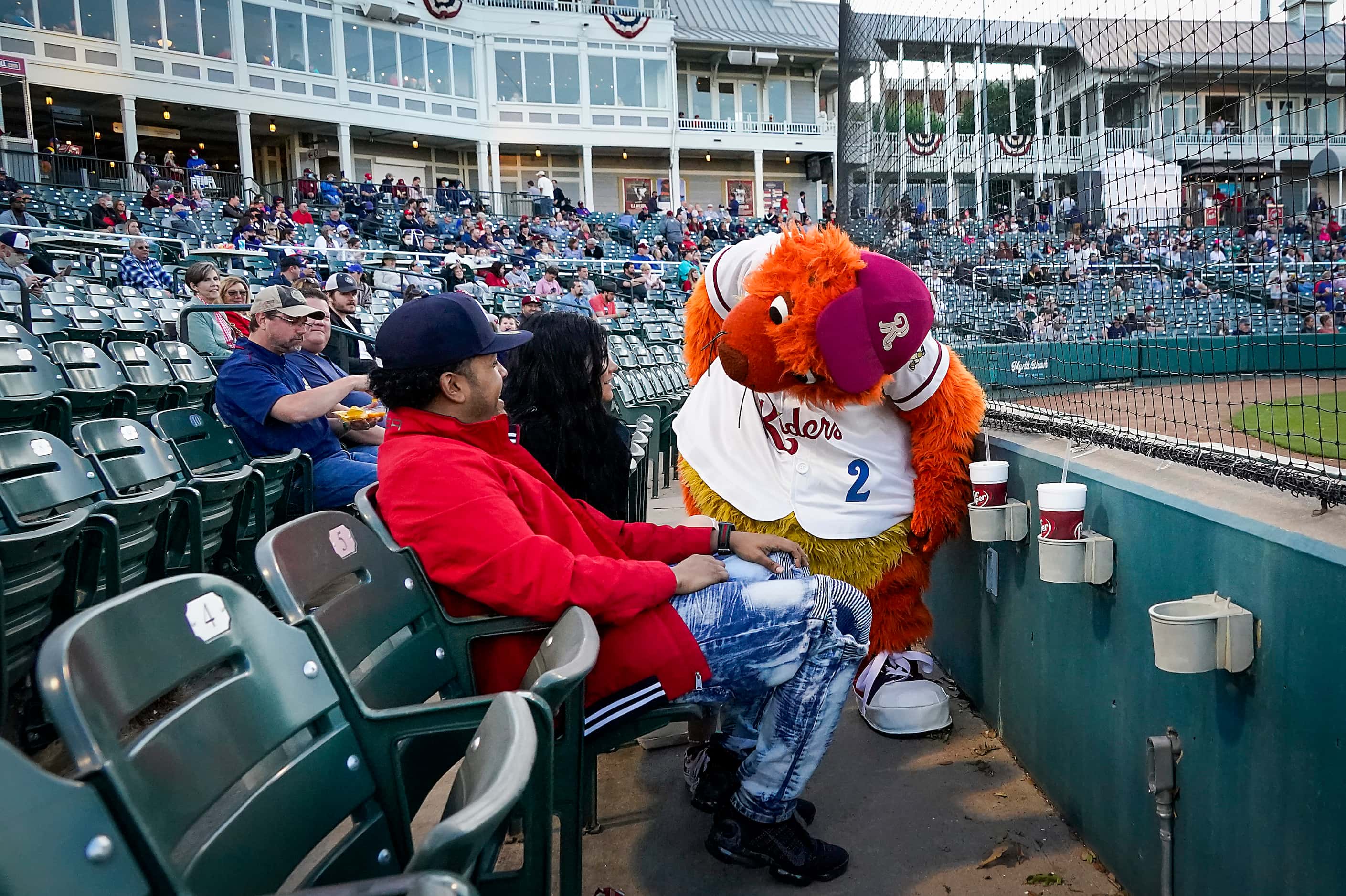 Frisco RoughRiders mascot Deuce entertains fans during the team’s season opener against the...