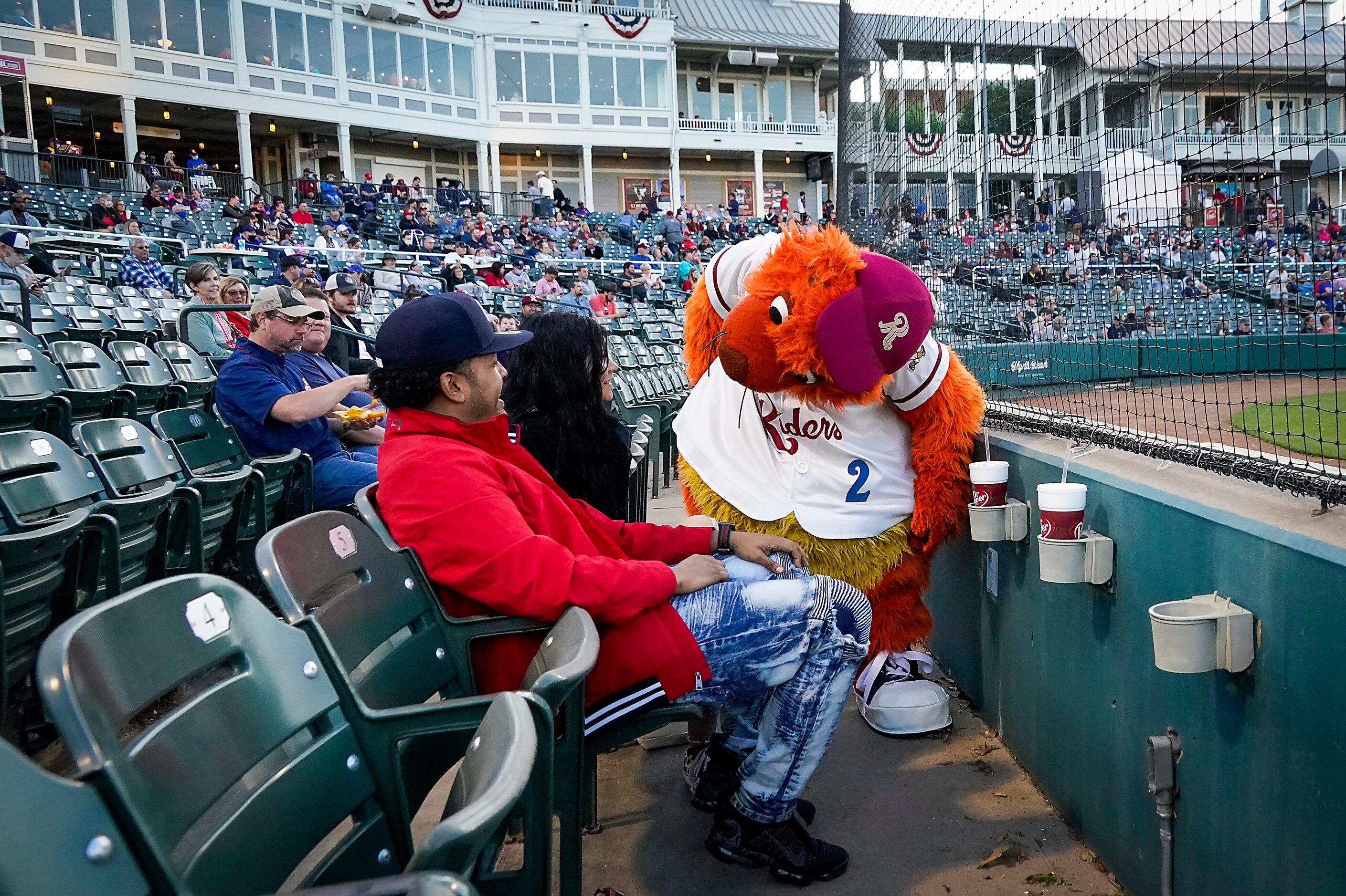 Frisco RoughRiders mascot Deuce entertains fans during the team’s season opener against the...