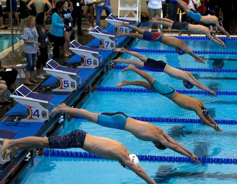 The field of competition enter the pool at the start of the Boys 100 yard Freestyle event....