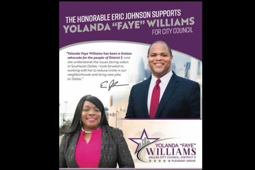 A screenshot of a flyer released by Dallas City Council District 5 candidate Yolanda Faye...